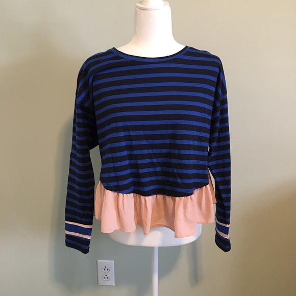 Deletta Anthropologie Blue Striped Pink Peplum Top - Picture 2 of 5